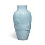 A molded 'clair-de-lune'-glazed 'quails' vase, Republic period | 民國 天藍釉浮雕竹石鵪鶉圖瓶 《慎德堂製》款