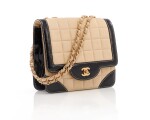 Quilted beige leather and black patent leather with gold-tone metal shoulder bag