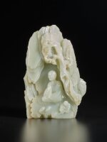 An inscribed pale celadon jade 'Luohan' boulder, Mark and period of Qianlong, dated dingchou year, corresponding to 1757 | 清乾隆丁丑年 (1757年) 青白玉雕拔嘎沽拉尊者山子 《大清乾隆年造》款