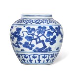 A blue and white 'Three Friends of Winter' jar, Mark and period of Jiajing 明嘉靖 青花歳寒三友罐  《大明嘉靖年製》款