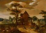 A landscape with figures and animals by farm buildings