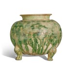 A rare green-splashed four-footed pottery jar, Tang dynasty | 唐 綠釉四足爐