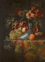  PIERRE-NICOLAS HUILLIOT |  STILL LIFE WITH FRUIT ON A TAZZA AND A PORCELAIN BOWL, ALL ON A CARPET-COVERED TABLE