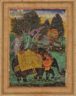 Sultan Ibrahim Adil Shah II of Bijapur riding his elephant Atash Khan, attributed to Farrukh Beg (Farrukh Husayn), India, deccan, Bijapur, circa 1600; verso with a falconer riding a composite horse, India, Mughal, early 17th century