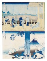 KATSUSHIKA HOKUSAI (1760–1849), TWO PRINTS: SAZAI HALL AT THE TEMPLE OF THE FIVE HUNDRED ARHATS (GOHYAKU RAKANJI SAZAIDÔ) AND MISHIMA PASS IN KAI PROVINCE (KÔSHÛ MISHIMA-GOE) | EDO PERIOD, 19TH CENTURY