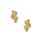 Pair of Gold, Emerald and Diamond 'V Rope' Earclips