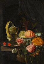 Still life of a clementine and peeled lemon in a porcelain bowl, a silver salver with cherries, a roemer containing a half-peeled lemon, a bread roll and a sprig of roses, with a moth and a butterfly, all upon a ledge