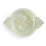 A white jade marriage bowl, Qing dynasty, 18th / 19th century | 清十八 / 十九世紀 白玉雕年年有餘紋龍耳活環洗