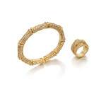 Gold and Diamond 'Bamboo' Cuff-Bracelet and Ring, France