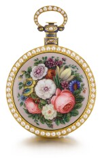 A FINE GOLD, PEARL AND POLYCHROME ENAMEL PAINTED DUPLEX WATCH MADE FOR THE CHINESE MARKET CIRCA 1840, NO. 823 [黃金鑲珍珠彩繪琺瑯懷錶，為中國市場製造，年份約1840，編號823]