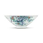 A fine doucai 'magpie and prunus' conical bowl, Mark and period of Yongzheng | 清雍正 鬪彩喜上眉梢圖笠式盌 《大清雍正年製》款