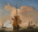 WILLEM VAN DE VELDE THE YOUNGER AND STUDIO | A calm with an English Merchant Ship at anchor