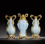 A Louis XV gilt-bronze mounted Chinese 'Clair de Lune' porcelain three-piece garniture, the porcelain 18th century, probably Qianlong (1736-1795)