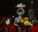 Still life with a façon de venise serpent-stemmed wine glass, a silver vessel, a block of sugar and lemons on a pewter plate, all on a draped table