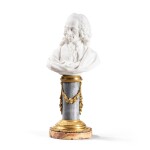 A porcelain bust of Voltaire, probably Tournai, on a gilt-bronze marble stand, last quarter 18th century  | Buste de Voltaire en porcelaine probablement Tournai base marbre bronze doré dernier quart XVIIIe siècle