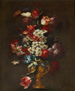ROMAN SCHOOL, 17TH CENTURY | STILL LIFE OF FLOWERS, INCLUDING TULIPS AND APPLE BLOSSOM, IN A VASE DECORATED WITH GILT RELIEF