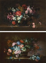 ANTOINE MONNOYER | Still life of peonies, carnations, poppies and other flowers in a bronze urn on a stone ledge; and Still life of chrysanthemums, jasmine, lilies and carnations in a wicker basket on a stone ledge