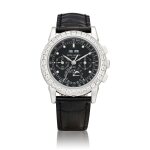 Reference 5971 | A platinum and baguette cut diamond-set perpetual calendar chronograph wristwatch with day, date, moon phases, 24 hours and leap year indication, Circa 2008 | 型號5971 鉑金鑲長方形鑽石萬年曆計時腕錶，備日期、星期、月相、24小時及閏年顯示，約2008年製 | 型號5971 | 鉑金鑲長方形鑽石萬年曆計時腕錶，備日期、星期、月相、24小時及閏年顯示，約2008年製