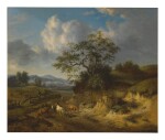 AFTER JAN WIJNANTS, 18TH CENTURY | A WOODED LANDSCAPE WITH A COWHERD ON A PATHWAY, WITH DUNES IN THE FOREGROUND AND A PASTURE AND MOUNTAINS BEYOND