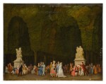 Elegant figures in a park, some strolling in the foreground while others sit in groups and converse