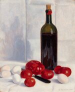  Still-life with a bottle of wine, eggs and tomatoes | Nature morte à la bouteille, aux œufs et tomates