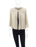 CHANEL | CREAM AND IVORY TWEED JACKET WITH CAMELLIA BROOCH 