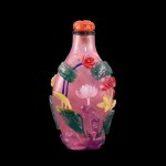 A six-colour overlay pink glass 'lotus pond' snuff bottle, Qing dynasty, 19th century | 清十九世紀 粉紅地套六色料蓮塘圖鼻煙壺
