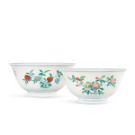 A fine and rare pair of doucai and famille-rose 'sanduo' bowls, Marks and period of Yongzheng | 清雍正 鬪彩加粉彩三多撇口盌一對 《大清雍正年製》款