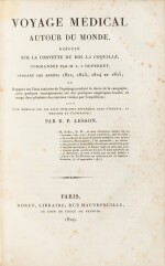 LESSON. Voyage médical autour du monde sur La Coquille. Roret, 1829. Demi-basane brune à coins de vélin.