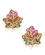 PAIR OF GOLD AND MULTI-COLORED SAPPHIRE 'LEAF' EARCLIPS, VERDURA 