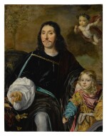 Portrait of a gentleman and a young boy, both three-quarter length, with a putto