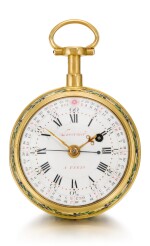 A GOLD DOUBLE ENAMEL DIALLED DUMB QUARTER REPEATING CENTRE SECONDS ASTRONOMICAL WATCH WITH CALENDAR, MOON PHASES AND INDICATIONS FOR EQUATION OF TIME CIRCA 1780, NO. 1004 [ 黃金雙琺瑯錶盤二問無聲報時天文懷錶，備日曆、月相及時間等式顯示，年份約1780，編號1004]