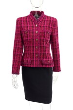 PINK AND BLACK TWEED JACKET AND BLACK SKIRT ENSEMBLE, CHANEL