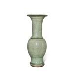 A carved 'Longquan' celadon-glazed 'peony' vase, Late Ming dynasty | 明末 龍泉窰青釉刻牡丹紋鳳尾尊