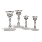 TWO PAIRS OF DANISH SILVER GRAPEVINE PATTERN CANDLESTICKS, NOS. 263A AND 263B, GEORG JENSEN SILVERSMITHY, COPENHAGEN, 1989 AND CIRCA 1945-77