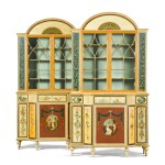 A pair of George III style polychrome-painted and parcel-gilt satinwood bookcases, after the originals attributed to George Brookshaw