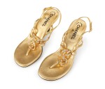 CHANEL | PAIR OF EMBELLISHED GOLD LEATHER SANDALS 