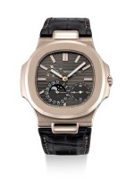 PATEK PHILIPPE | NAUTILUS, REFERENCE 5712 | A WHITE GOLD WRISTWATCH WITH DATE, MOON PHASES AND POWER RESERVE INDICATION, CIRCA 2016 | 百達翡麗 | Nautilus 型號5712 白金腕錶，備日期、月相及動力儲備顯示，約2016年製