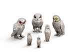 A group of three owl-shaped casters by George Unite, Birmingham, 1880 and a group of three large owls, Germany, circa 1900
