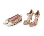 CHANEL | PAIR OF HEART PRINTED CANVAS AND WHITE PATENT LEATHER SANDALS AND FLATS 