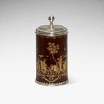 A Böttger polished red stoneware Hausmaler tankard, with silver mounts, Circa 1715-20, the decoration probably Circa 1725-40, the mounts contemporary