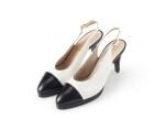 CHANEL | PAIR OF WHITE AND BLACK LEATHER SLINGBACK SANDALS 
