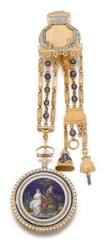 ROBIN A PARIS | GOLD, ENAMEL AND PEARL-SET WATCH WITH CHATELAINE, CIRCA 1790