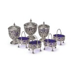 A SET OF FOUR UNUSUAL GEORGE III SILVER SALTS AND SET OF THREE COVERED CONDIMENT VASES, DAVID & ROBERT HENNELL AND WILLIAM VINCENT, LONDON, 1770 AND 1769