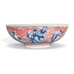  A COPPER-RED AND UNDERGLAZE-BLUE 'EIGHT IMMORTALS' BOWL,  QIANLONG SEAL MARK AND PERIOD