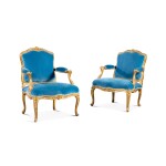 A pair of Louis XV giltwood armchairs, stamped by Sylvain-Nicolas Blanchard | Paire de fauteuils en bois doré d'époque Louis XV, vers 1750, estampille Sylvain-Nicolas Blanchard