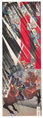 TSUKIOKA YOSHITOSHI (1839-1892)       WATANABE NO TSUNA CUTTING OFF THE DEMON'S ARM AT THE RASHOMON GATE (RASHOMON WATANABE NO TSUNA ONIUDEKIRI NO ZU) | MEIJI PERIOD, LATE 19TH CENTURY