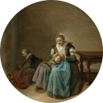 DIRCK HALS | A MOTHER SEARCHING HER CHILDREN FOR NITS, A CHILD STOKING A FIRE TO THE LEFT