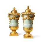 A pair of gilt-bronze mounted Chinese celadon porcelain covered vases, the porcelain Kangxi (1662-1722), the mounts, late Louis XV, circa 1770 - 1775