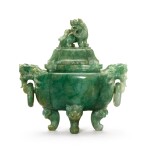 A jadeite lobed tripod incense burner and cover Qing dynasty | 清 翠玉瑞獸鈕雙龍活環耳瓜棱式三足蓋爐